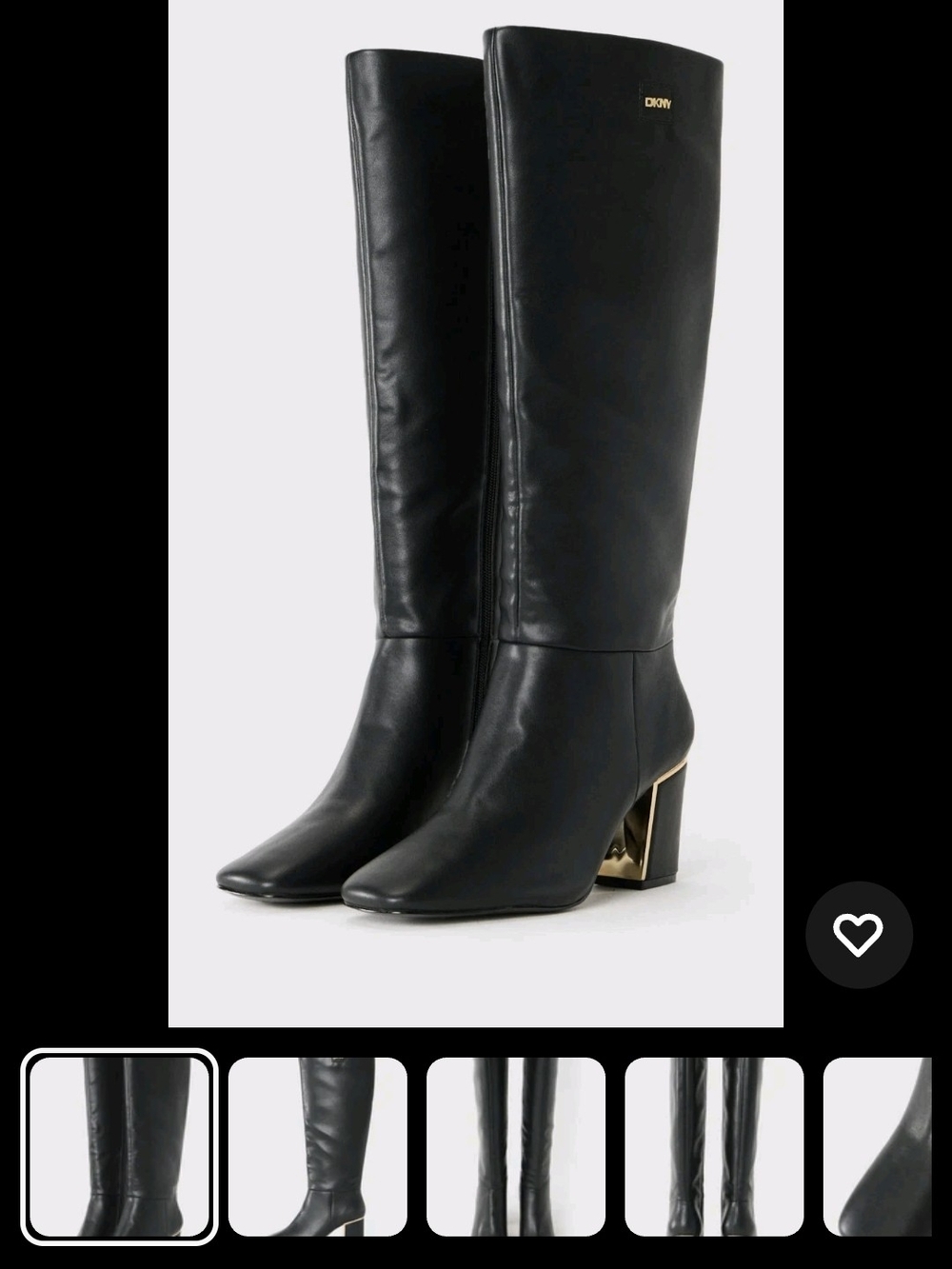 DKNY Black Leather Over-the-Knee Boots with Gold Heel Accent